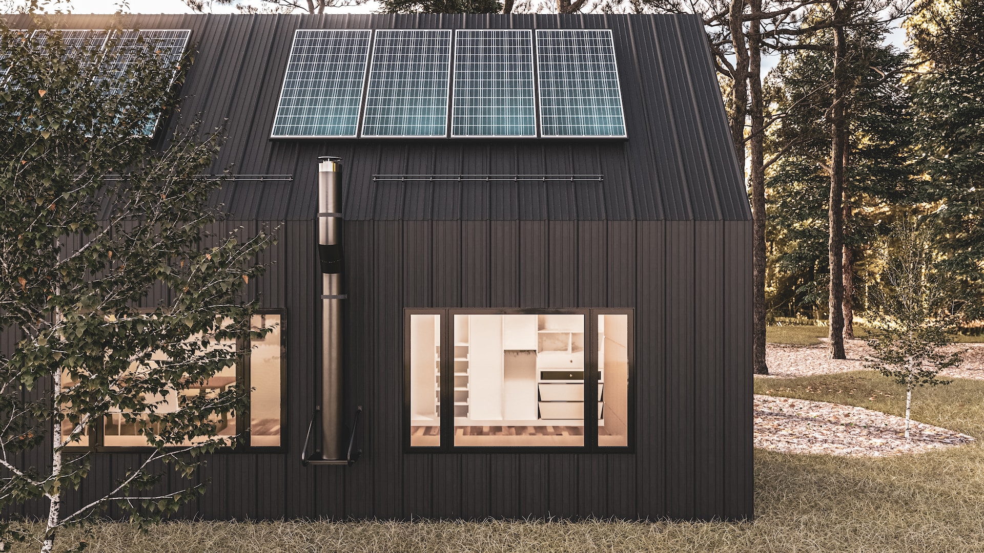 tiny home made of metal with solar panels