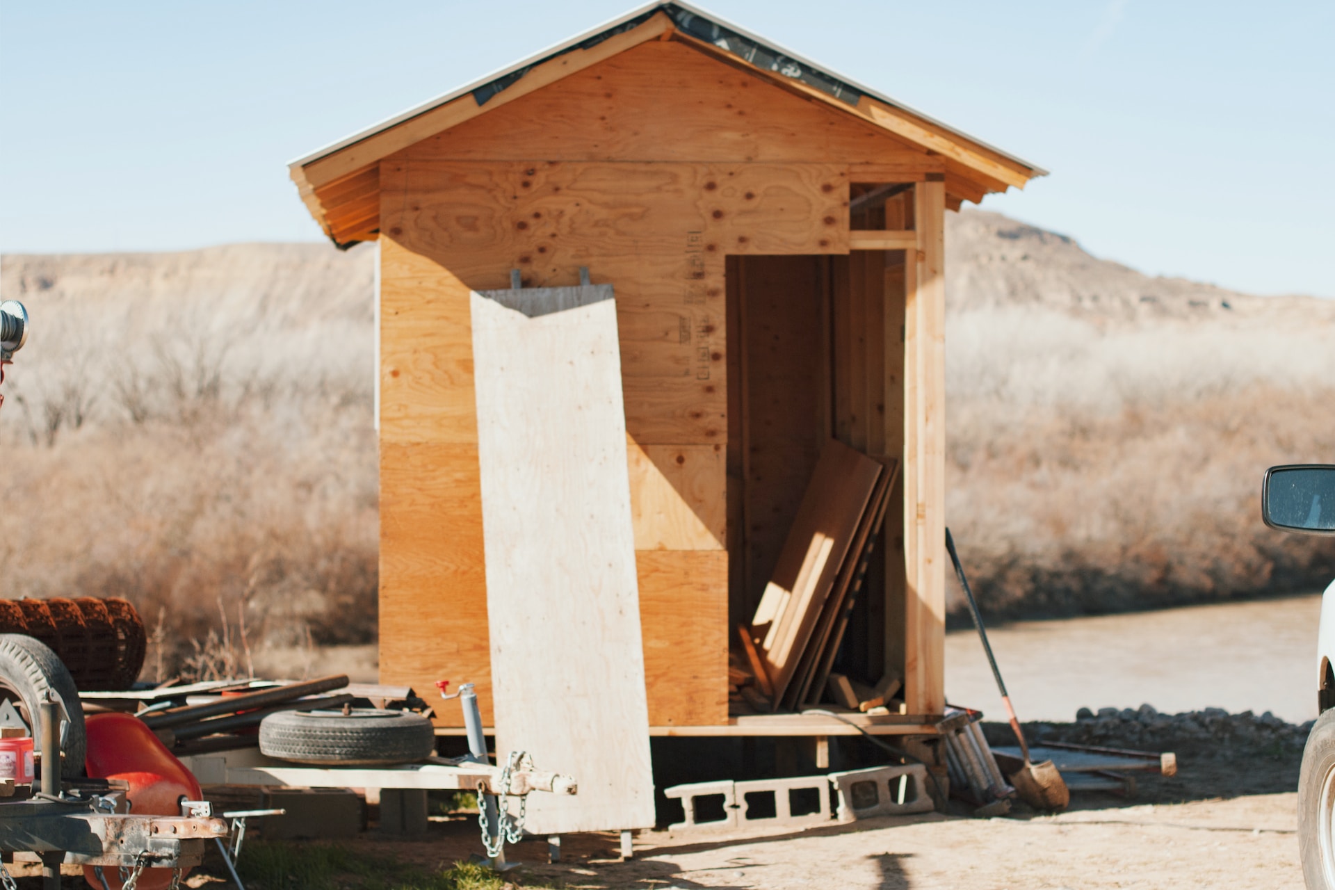 a solar shed being constructed in the desert