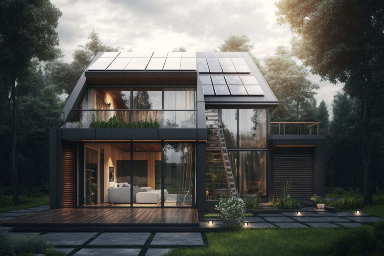 a glass house with a solar array